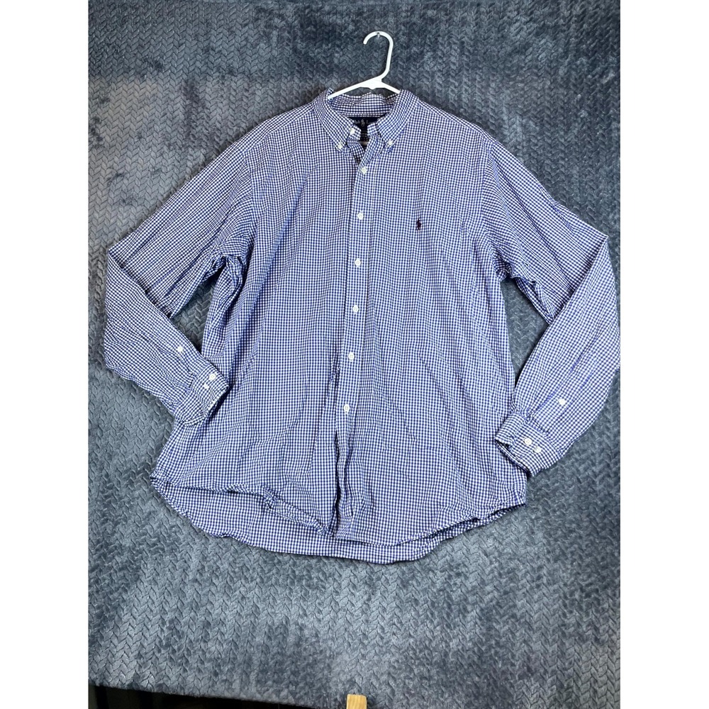 Polo Ralph Lauren Dress Shirt Mens XL Blue White Gingham Cotton Formal Pleated
